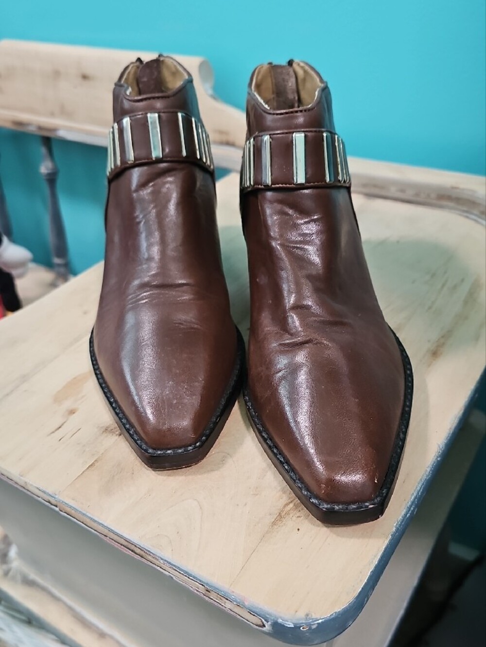 Franco Sarto Brown Leather Ankle Boots with Silver Accents